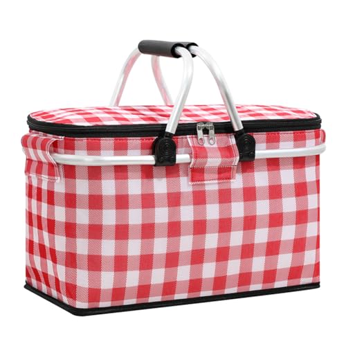 Large Picnic Basket, Insulated Beach Bag Cooler Reusable with Zippered Top & Handles Reusable Folding Grocery Basket Insulated Cooler Bag for Picnic Travel - color: Red Grid 2