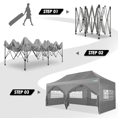 COBIZI 10x20 Canopy with Sidewalls, Heavy Duty Party Tent Pop up Canopy, Tents for Parties, Wedding, Outdoor Easy up Foldable Portable Canopy Tent with Wheeled Bag, Grey(Windproof Upgrade) - color: Gray, size: 10x20 With Sidewalls