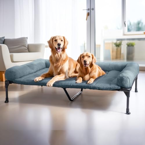 Veehoo Orthopedic Elevated Dog Bed with Fluffy Plush Bolster Cushion, Indoor Raised Dog Beds for Large Dogs, Soft Pet Sofa Cot with Removable Washable Mat, No-Slip Feet, 59 x 37 inches, Haze Blue - color: Haze Blue, size: 59.0"L x 37.0"W x 9.0"Th