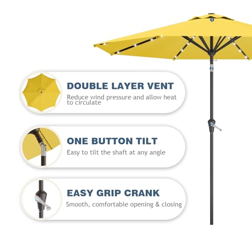 9FT Patio Umbrella with Solar Lights,Outdoor Market Umbrella with Tilt and Crank, LED Lighted Table Umbrella for Garden,Deck,Backyard,Pool,Beach (Yellow) - color: Yellow