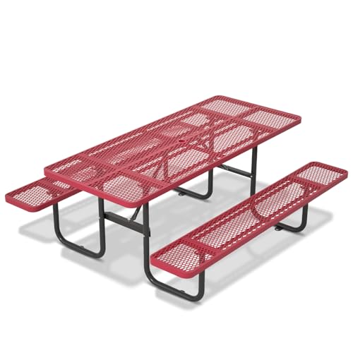 72'' Steel Rectangular Metal Picnic Table for Outdoors, Commercial Picnic Table with Umbrella Hole of Up to 1-1/2" Diameter, for Garden Courtyard BBQ, Red - color: Red