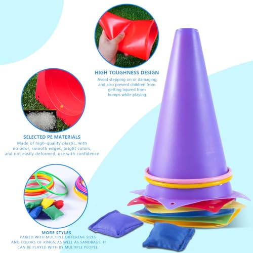OBTANIM 26 Pcs Plastic Colorful Cones Ring Toss Combo Set Outdoor Carnival Games for Kids Adults Birthday Party Throwing Backyard Games - style: Cones Ring with Bean Bags