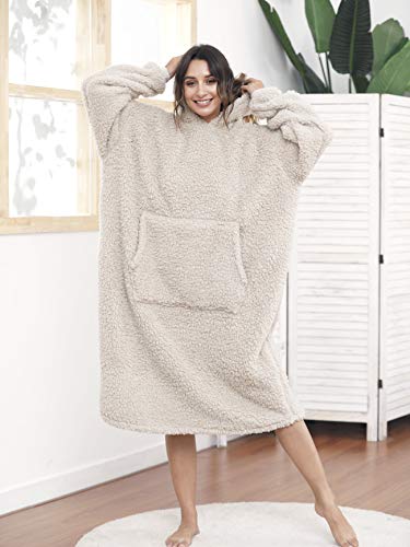 Sherpa Wearable Blanket Oversized Hoodie Sweatshirt TV Blanket with Long Sleeves and Pocket-Beige - color: Beige