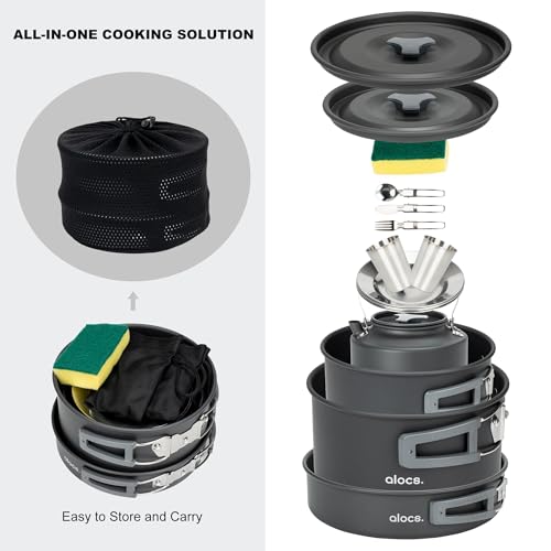 Alocs Camping Cookware Set - Lightweight Camping Pots and Pans - Portable Outdoor Cookware with Kettle - Camping Cookware Mess Kit for 2 - style: Ultimate Value Kit (17-piece)