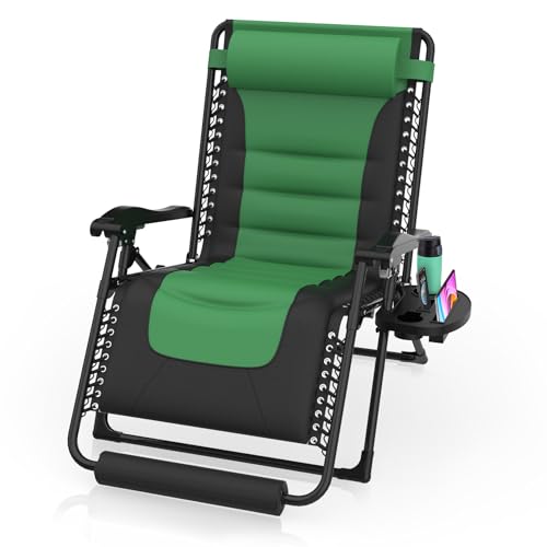 Suteck Oversized Zero Gravity Chair 29In XL Reclining Camping Chair w/Build-in Cushion, Outdoor Lounge Chairs Patio Recliner with Larger Cup Holder Footrest Padded Headrest, 330LBS, Green&Black - color: Green&black, style: 29Inch