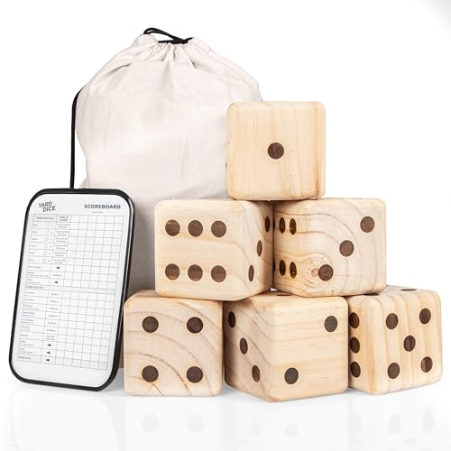 Barcaloo Yardzee Outdoor Family Games, Six 3.5" Giant Wooden Dice Games for Families (Unstained)