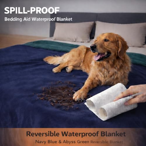 Queen Size Waterproof Blanket – Stain-Proof, Spill-Proof Flannel Blanket for Bed, Couch, Kids & Pets Protection, Reversible Splash-Proof Design (Navy Blue & Abyss Green, 80x90) - color: Navy Blue & Abyss Green, size: Queen
