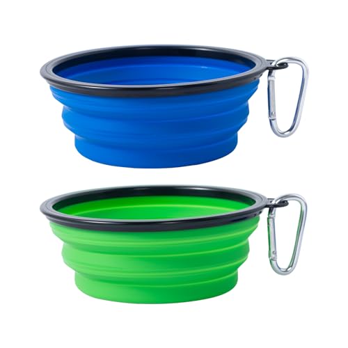 Dog Bowl Pet Collapsible Bowls, 2 Pack Collapsible Dog Water Bowls for Cats Dogs, Portable Pet Feeding Watering Dish for Walking Parking Traveling with 2 Carabiners (Blue+Green, Medium) - color: Blue+Green, size: Medium