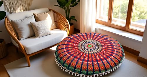 CRAFT KALA Round Mandala Boho Pillow Cover Meditation India Room Seating Poufs Cover for Living Room Yoga Room Home Décor Bedroom Balcony Garden Decoration Cotton Floor Cushion Cover 22", Multi Mirchi - color: Multi Mirchi, size: 22"
