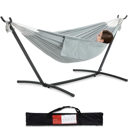 PNAEUT Double Hammocks with Stand for Outside, Portable Space Saving Heavy-Duty Steel Stand for Indoor Outdoor Patio with Carrying Bag, 450 lbs Capacity (Gray) - color: Grey