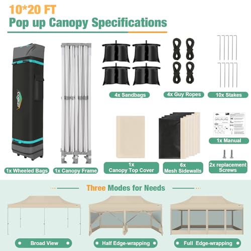 COBIZI 10x20 Canopy Tent, Heavy Duty Pop up Canopy with Sidewalls, Waterproof Easy Setup Canopy with Mosquito Netting, Outdoor Instant Screen Tents for Parties, Wedding with Roller Bag, Khaki - color: Khaki, size: 10x20FT
