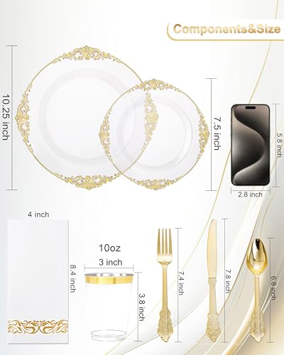 Nervure 350PCS Clear Gold Plastic Plates - Gold Plastic Dinnerware Sets for 50 Guests - 100 Disposable Plates, 150 Silverware, 50 Cups, 50 Napkins for Wedding & Party - color: Clear and Gold
