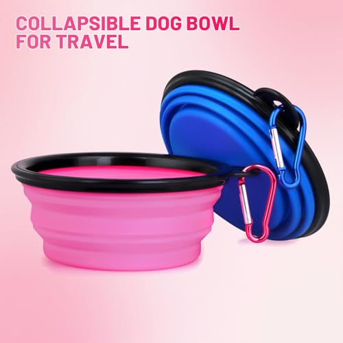 Dog Bowl Pet Collapsible Bowls, 2 Pack Collapsible Dog Water Bowls for Cats Dogs, Portable Pet Feeding Watering Dish for Walking Parking Traveling with 2 Carabiners (Small, Bule+Pink) - color: Bule+Pink, size: Small