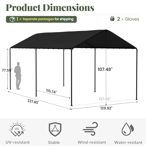 Carport, 10‘ x 20’ Heavy Duty Portable Garage All-Season Car Canopy, Outdoor Garage Boat Shelter Carport Canopy Party Tent w/Water-Resistant Tarp for Backyard (Black, 10' x 20' /no Side) - color: Black, size: 10' x 20' /no side