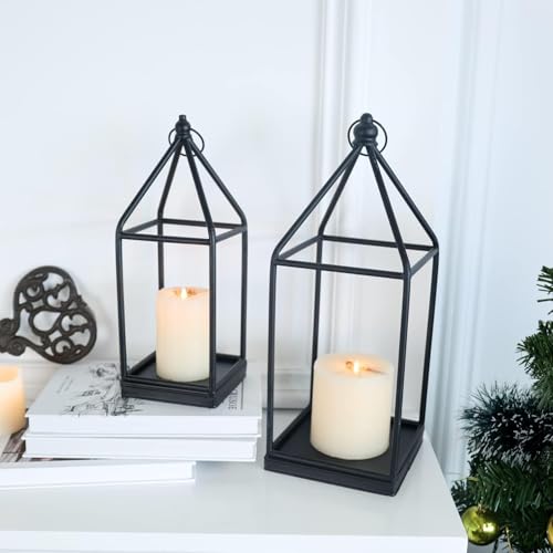 Lantern Decorative Indoor&Outdoor, 18’’&14’’ Large Black Metal Candle Lanterns Decor, Vintage Hanging Holders for Home Porch Wedding Centerpiece, Spring Farmhouse Decorations - color: 18‘’ + 14‘’ / Timer