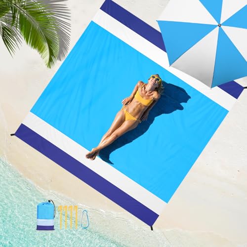 Beach Blanket Waterproof Sandproof Oversized Lightweight 78''×110'' 1-7 Adults Blanket Beach Large Picnic Mat for Travel Camping Hiking Picnic - color: Blue White, size: 78''x110''