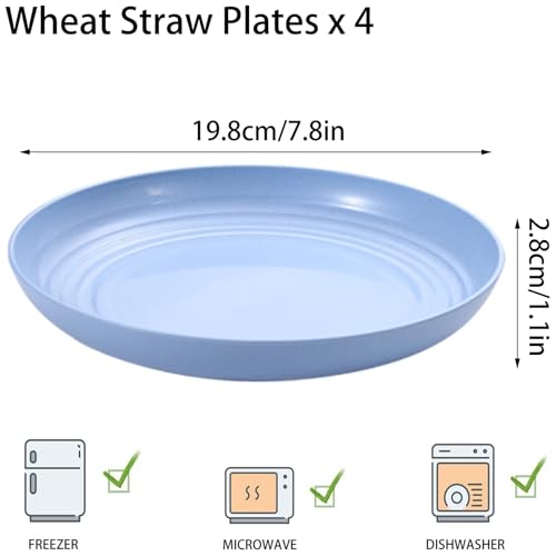 4 Pcs Unbreakable Wheat Straw Plates Set, 7.8 Inch Reusable Plastic Dinner Plates, Microwave Dishwasher Safe, Lightweight Plates for Kitchen Camping, BPA Free (Blue) - color: Blue