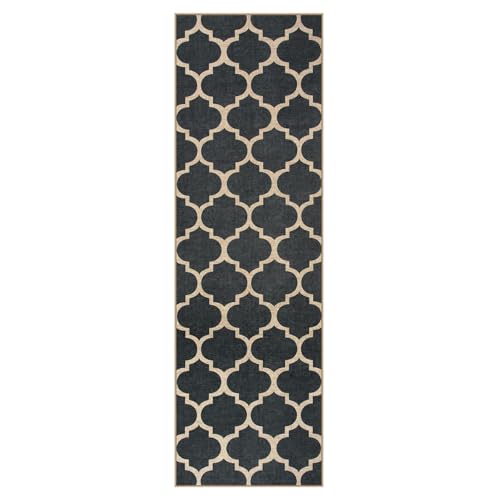 Lahome Moroccan Easy Jute Runner Rug, Black Outdoor Washable Runner Rugs for Outdoor Porch Hallway, Geometric Trellis Woven Long Carpet for Doorway, Thin Non Slip Outdoor Decor, 2'6'' x 8' - color: Black, size: 2.6x8