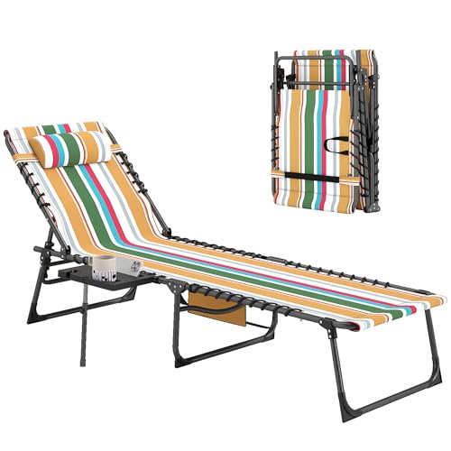 Outsunny Folding Chaise Lounge Chair Outdoor Tanning Chair with Side Table, 5-Level Adjustable Beach Lounge Chair with Headrest, Side Pocket for Patio, Backyard, Beach, Poolside, Mixed Color - color: Multi Color