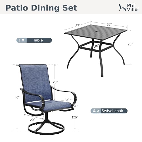PHI VILLA 5 PCS Outdoor Patio Dining Set with Swivel Dining Chairs (Blue) and 37"x 37" Metal Steel Dining Table(1.57" Umbrella Hole), All Weather Patio Dining Furniture Set for Deck Lawn Garden - color: Blue Fabric, size: 37"L x 37"W x 28"H-5 Piece-Metal