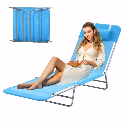 Majnesvon Outdoor Tanning Chair with Pillow, Folding Chaise Lounge Chair with Adjustable Backrest, Portable Lay Flat Beach Lounge Chairs for Sunbathing Poolside Patio Lawn Camping(Blue 2) - color: Blue 2