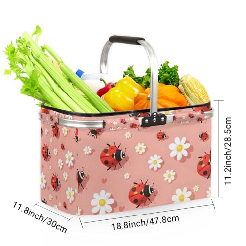 Picnic Basket, MARYHFENVA Shopping Basket with Handle 40L Collapsible Grocery Basket Portable Folding Basket for Travel Camping Reusable Market Bag - color: Ladybird(style 2)