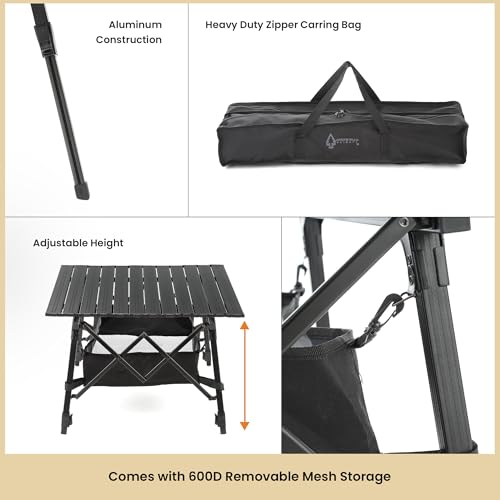 ARROWHEAD OUTDOOR 39" Aluminum Folding Camp Roll Up Table w/Adjustable Height, Undertable Mesh Storage, Carry Bag - color: Black