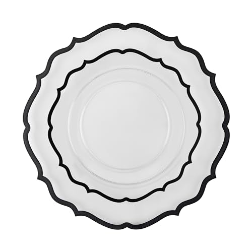 PLASTICPRO 32 Pack Elegant Disposable Plastic Plates Combo Set Includes 16 Dinner Plates and 16 Salad Plates Heavy Duty Fancy Party Plates Clear & Black Contemporary Design - color: Clear & Black Contemporary