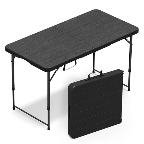 VSOAEIL Folding Table 4 Foot for Indoor Outdoor, Portable Heavy Duty Fold-in-Half Utility Small Plastic Adjustable Height Folding with Carrying Handle for Picnic Camping and Party, Matte Black - color: Black, size: 4 Ft - 1 Pack