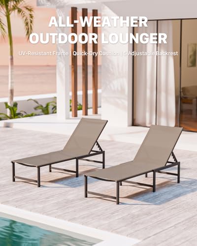 Chaise Lounge Chair Outdoor,Aluminum Patio Lounge Chairs,Lounge Chairs with 5 Adjustable Backrest for Outside Beach Lawn and Backyard,Khaki - color: Khaki, size: 1 Chair
