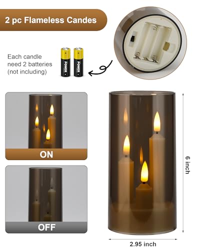 Enido 2 Pc Flameless LED 3-in-1 Taper Candles with Remote & Timer, Battery Operated Acrylic Pillar Set, 3" x 6" Flickering Electric Lights for Cozy Home & Holiday Romantic Decor (Gray) - color: Taupe