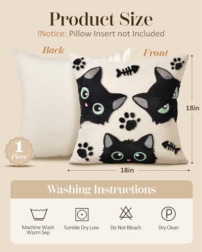 Embroidered Throw Pillow Cover 18x18 Inch - Spring Summer Boho Decorative Pillow Cover with Zipper for Living Room Couch Sofa Bed Aesthetic Design Three Cat Bone Cushion Pillowcase - color: Cat Bone, size: 18" x 18" (Pack of 1)