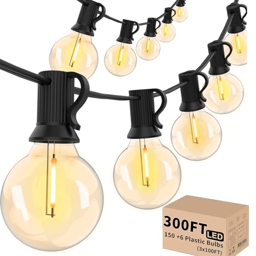 Svater Outdoor String Lights 300 FT, Patio Lights Outside with 156 G40 Shatterproof LED Bulbs, Waterproof Hanging Globe Lighting for Bistro Backyard Cafe Market, Warm White 2700K（3 x 100 FT） - size: 300FT