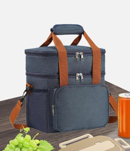 Double Layer Cooler Bag – Leakproof Thermal Food Storage Tote with Shoulder Strap – Large Capacity for Work, Travel, or Picnic – Available in Gray, Black & Navy Blue - color: Blue