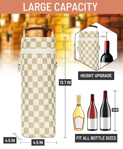 Insulated Wine Bag - Wine Bottle Carrier Tote Cooler Bags for Gifts Travel Picnic Beach, Khaki Checkered Pattern - 1 Bottle - color: Khaki Checkered Pattern, size: 1 Bottle