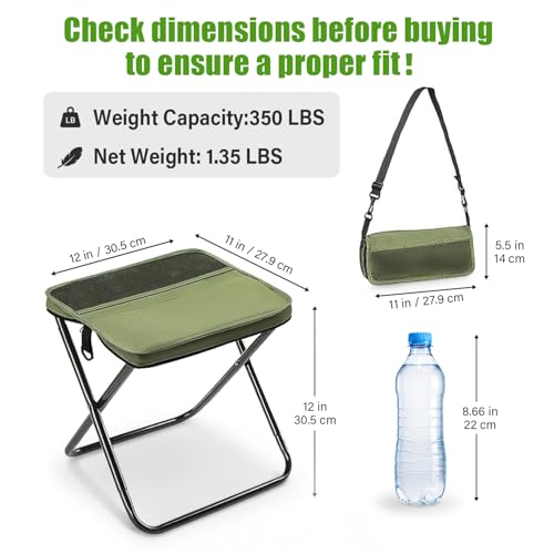 Portable Ultralight Collapsible Camping Stool,Stool Folding Chair,Lightweight Handy Fishing Stool 350 LB,Backpack Pocket Stool for Hiking Picnic Travel with Sunglass Bag and Magnetic Hat Clip - color: Green+large