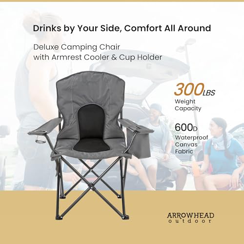 Arrowhead Outdoor Portable Folding Camping Quad Chair w/ 4-Can Cooler, Cup-Holder, Heavy-Duty Carrying Bag w/Easy Carry Shoulder Strap, Padded Armrests, Supports up to 330lbs, USA-Based Support - color: Grey