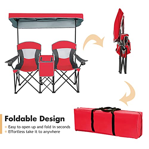 DORTALA Double Camping Chair with Canopy, 2 Person Folding Beach Chair with Canopy Shade, Table Beverage Holder and Storage Bag, Double Rocker Chair Outdoor for Camping, Beach, Picnic, Red - color: Red
