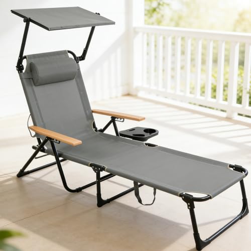 Folding Lounge Chair with Canopy, Tanning Chair with 4-Position Reclining Back, Folding Sun Lounger, Outdoor Lounge Chair for Beach, Poolside, Backyard, Camping, UPF 50+ Sun Shade, 300 LBS - color: Grey With Sunshade