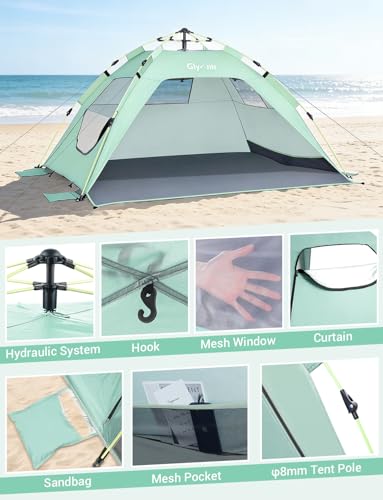 Glymnis Pop Up Beach Tent Sun Shade Shelter for 3-4 Person with UPF 50+, Lightweight & Easy Setup, Vent Windows & Zippered Door, Extended Floor Family Instant Beach Tent - color: Green