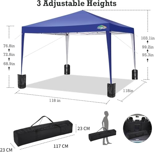 COBIZI 10x10 Pop Up Canopy Tent with 4 Sandbags, Easy Set Up Gazebo, Instant Outdoor Sun Shade &Waterproof Canopy with 8 Stakes,4 Ropes&Carry Bag, Tents for Parties, Beach, Backyard,Camping(Navy Blue - color: Navy Blue, size: 10x10FT without sidewall