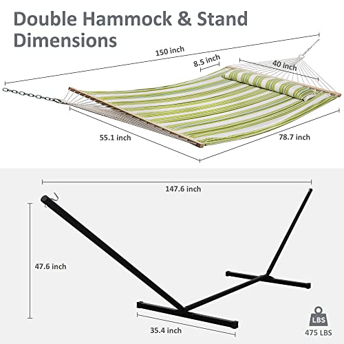 SUNCREAT Portable Double Hammock with Stand, 475 lbs Capacity, Heavy Duty Two Person Hammock with Stand Included, Green Stripe - color: Green&beige, size: 12 ft Stand