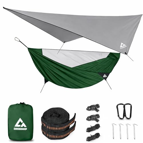 Camping Hammock with Mosquito Net and RainFly Tarp - 2 Person Hammock, Portable Parachute Nylon Hammock for Outdoor, Hiking, Backpacking, Backyard, Travel (Up to 500lbs) - Forest Green - color: Forest Green