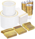 GATHER 700PCS Gold Plastic Plates - Whtie and Gold Disposable Dinnerware Sets 100Guest - 200 Disposable Plate, 300 Plastic Silverware, 100 Cups, 100 Napkins for Wedding & Party - color: Gold, size: 100 Guests