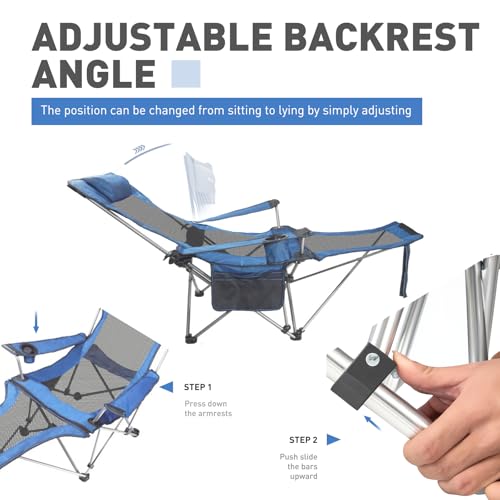 Reclining Folding Camping Chair with Removabel Footrest, Adjustable Folde Camping Chair with Foot Rest, Camp Lounge Outdoor Beach Chair, Mesh Reclining Design, with Pillow Cup Holder, Blue Mesh - color: Blue Mesh