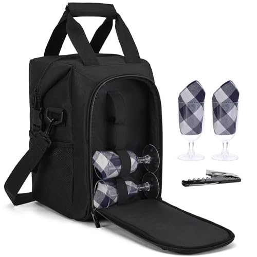 ALLCAMP 4 Bottle Wine Gift Bag - Insulated Tote Cooler, Adjustable Strap, Includes 4 Wine Glasses, Napkins & Corkscrew, Portable Travel Gifting (Black) - color: Jet Black, size: 4 Bottle