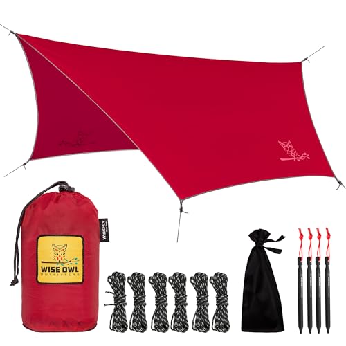Wise Owl Outfitters Hammock Rain Fly – Waterproof Camping Tarp Cover with Tent Stakes & Carry Bag, Ultralight Shelter for Backpacking & Outdoor Shade - color: Crimson Red, size: Standard (26 oz)