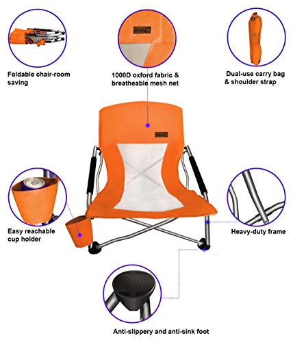 Nice C Low Beach Chair, Beach Chairs for Adults 2 Pack, Sling, Folding, Portable, Concert, Kids, Boat, River, Sand Chair, Sillas De Playa, with Cup Holder & Carry Bag (Set of 2 Orange) - color: Carrot_2