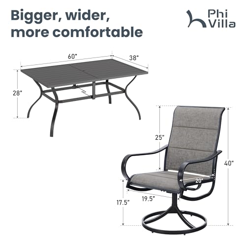 PHI VILLA 7 Piece Patio Dining Set for 6, 1 Large Metal Table and 6 Outdoor Dining Chairs with High Back and Padded Textilene, Outdoor Furniture Set for Garden, Yard - color: Brown Padded Fabric, size: 60"L x 38"W x 28"H-Metal-7 Piece