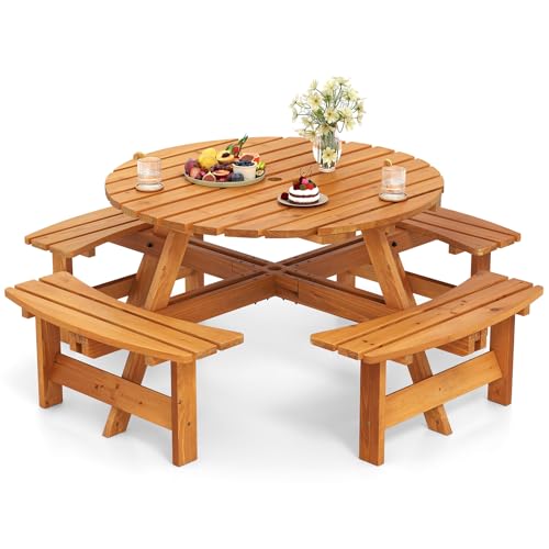 Giantex 8-Person Round Picnic Table Set with 4 Benches, 550 LBS Bench Capacity, 2" Umbrella Hole, Circular Outdoor Wood Dining Table & Chairs for Patio Yard Garden Porch Deck (71”x71”x28”,Yellow) - color: Yellow, size: 71”x71”x28”